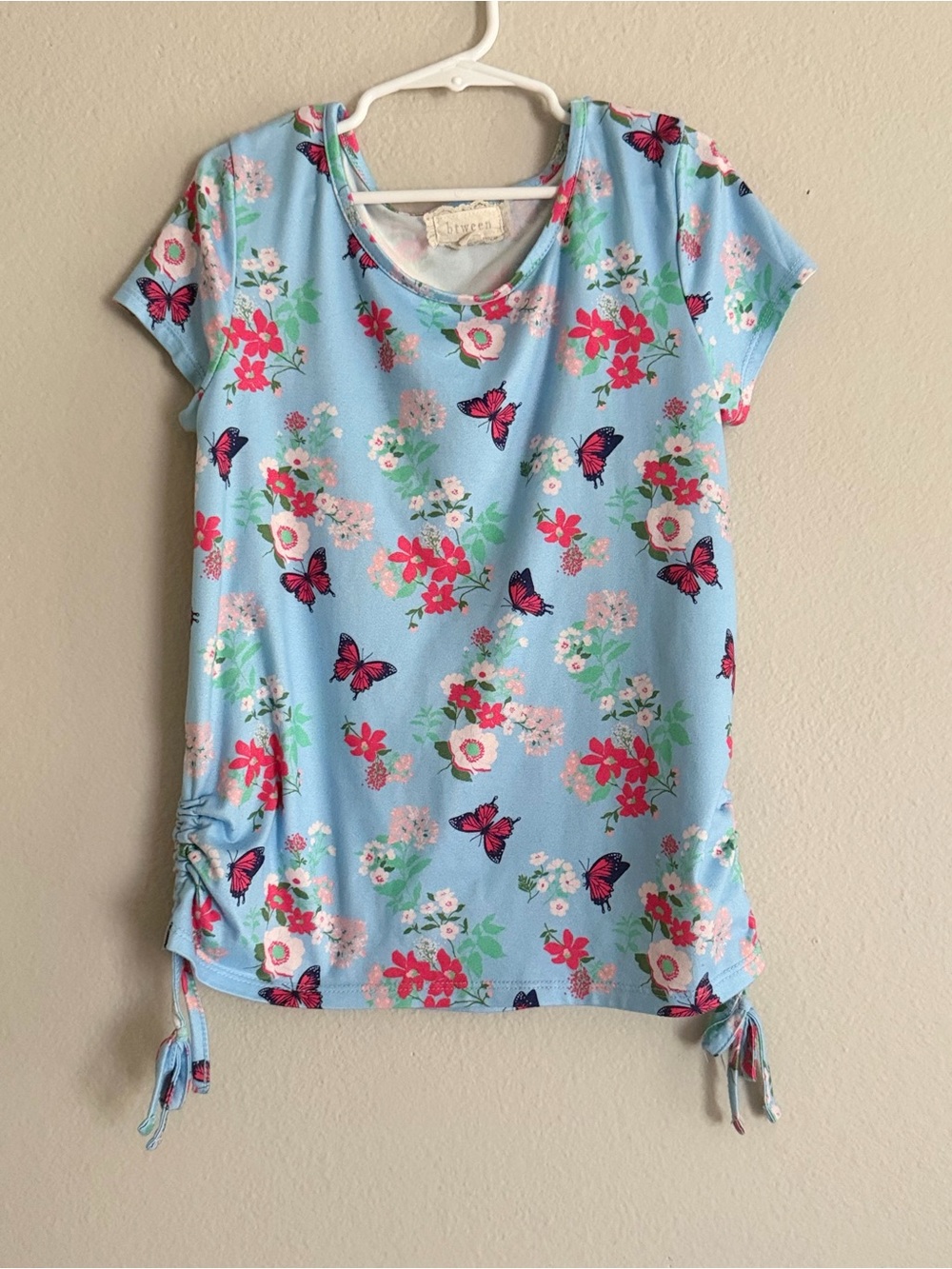 Btween Girls Blue Butterfly Floral Ruched Short Sleeve Top